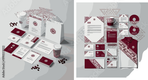 Corporate Branding Vector Illustration Featuring Coffee Packaging, Stationery, Apparel, and Identity Materials with Maroon and White Tribal Geometric Motifs for Unified Visual Design