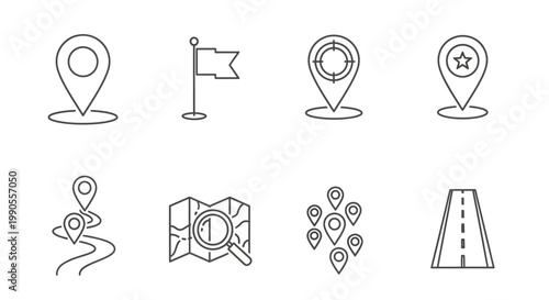 Minimalist map location icons, 8 thin line navigation vector elements, black outline travel pin and road symbols for mobile app interface design
