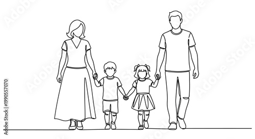 Continuous line drawing of happy family holding hands, minimalist family portrait with parents and two children, simple black and white vector art