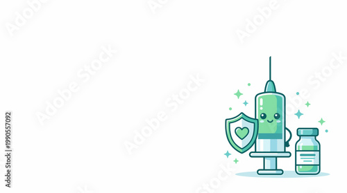 Vaccination Concept with Cute Syringe and Shield Offering Protection and Immunity Against Disease