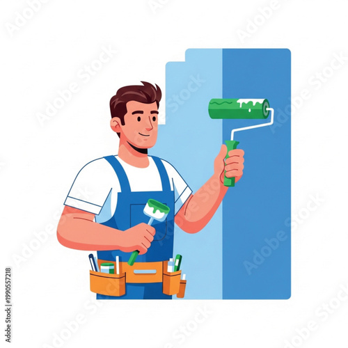 Professional handyman at work, skillfully painting a wall with a roller and brush, embodying home renovation and reliable property maintenance services