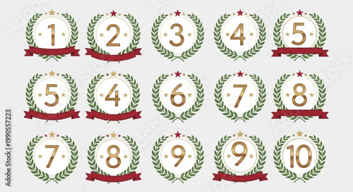 Collection of Laurel Wreath Number Badges with Ribbons.