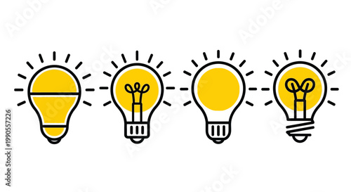 Minimalist light bulb icons set, yellow glowing lamp vector illustrations, creative idea and innovation symbols for business presentations