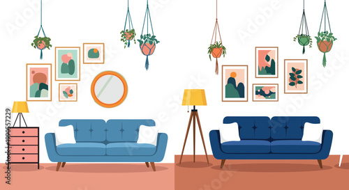 Modern Living Room Interior Vector Illustration Featuring Sofa, Floor Lamp, Hanging Plants, Wall Art, and Decorative Home Furniture Designs