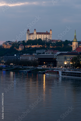 Photography Bratislava Castle overlooking the city and Danube River in Slovakia