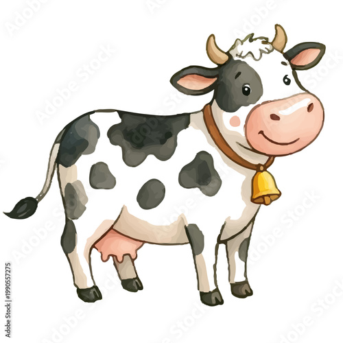 Funny cute cartoon cow isolated on white background illustration of happy farm animal for dairy agriculture and livestock concept