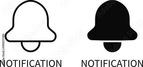 Notification icon set in outline and solid black style, bell symbol for website navigation, mobile app interface design element, alert, reminder, updates, alarm button. Vector illustration icon design