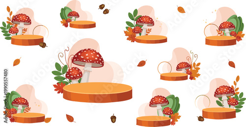 Autumn Forest Display Podium Set Featuring Red Fly Agaric Mushrooms and Wooden Platforms for Seasonal Product Showcases and Natural Beauty Branding Designs