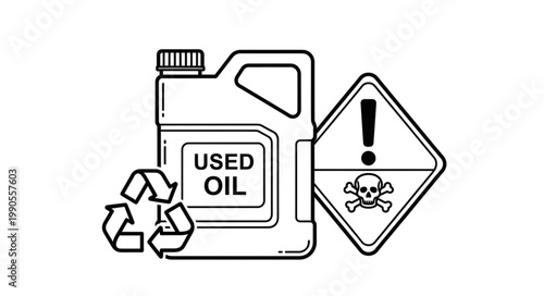 Used oil container with recycling symbol and hazard warning sign.