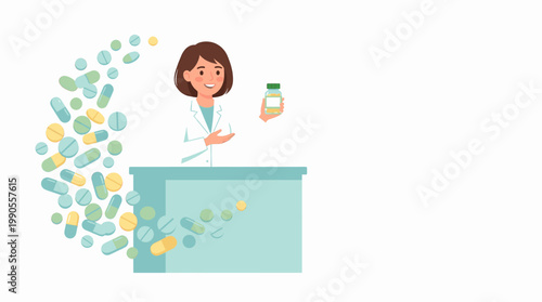 Pharmacist Standing Behind Counter Holding Pill Bottle with Various Medicines Floating Around