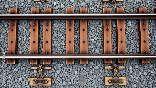 trackbed. Top-down view of railway sleepers and ballast stones in a geometric pattern. mobility guides, transit brochures, designed for mobility and urban transit guides, used by biotech researchers.