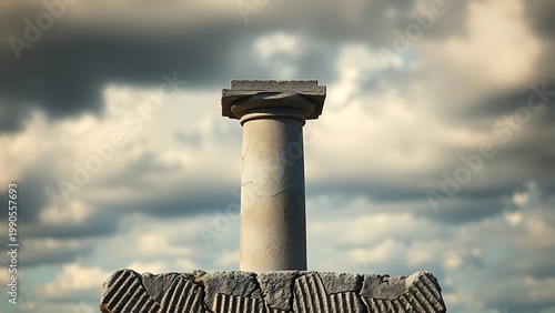 exhaustive. Weathered stone pillar with cracks against a cloudy sky, dramatic side lighting. travel magazines, destination branding, designed for outdoor magazines and nature guides.