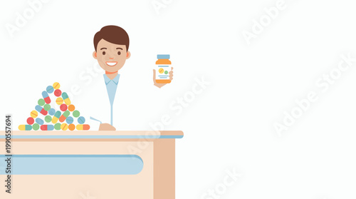 Pharmacist Smiling and Holding a Bottle of Medicine with Many Colorful Pills on a Counter