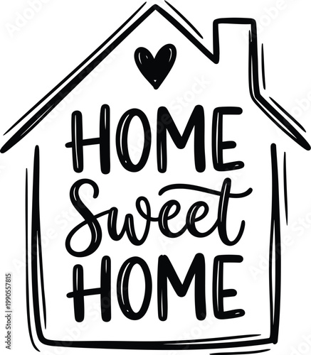 Hand drawn house icon, home sweet home sign, black and white vector illustration, house with heart
