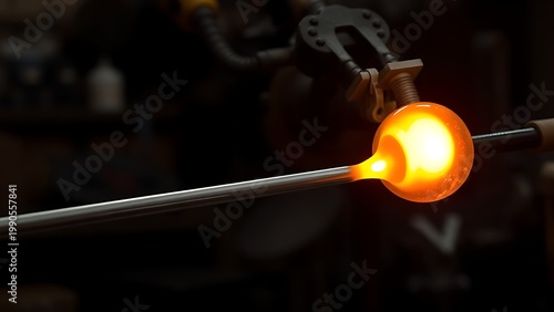 blowpipe. A slender metal blowpipe aimed at a glowing molten glass orb in a dark workshop. safety posters, maintenance manuals, designed for industrial assembly lines and welding operations.