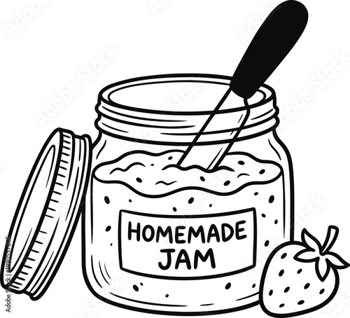 Homemade jam, strawberry preserve, food illustration, vector graphics, kitchen icon