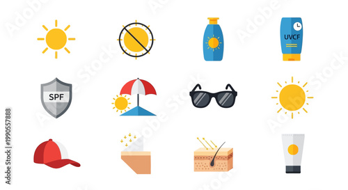 Sun protection flat icon set, 12 summer skincare and UV safety vector elements, sunscreen lotion and SPF shield icons for dermatology and beach health