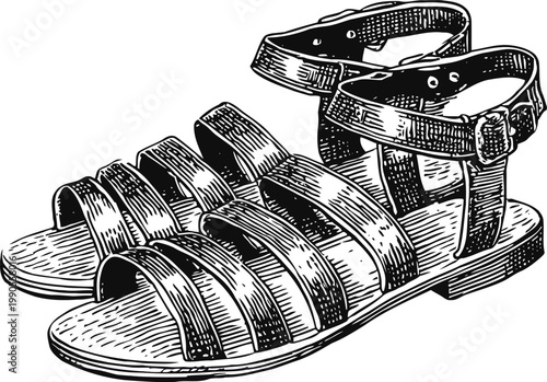 Vintage gladiator sandals with ankle straps, leather summer footwear illustration