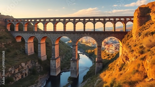 keystone. Ancient stone aqueduct channeling water at golden hour, historical engineering. travel magazines, destination branding, designed for outdoor magazines and nature guides.