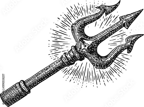 Detailed vintage illustration of a trident with three sharp prongs and decorative handle