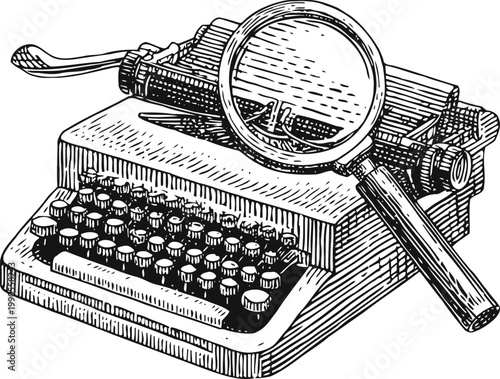 Vintage typewriter with magnifying glass illustration old writing machine and magnifier tool in retro engraving