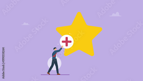 Businessman holding plus sign and added into star value. Value added, increase value or price of product to make profit, additional advantage or development for more benefit concept.