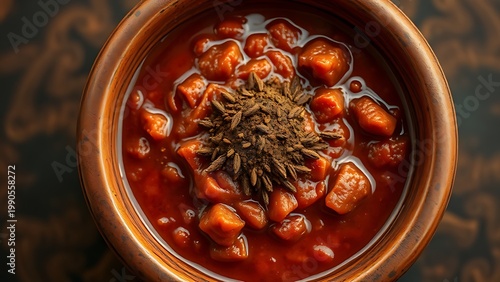 berbere. Red stew in a clay bowl topped with berbere spice blend. menu design, packaging mockups, recipe cards, designed for food delivery and cloud-kitchen brand materials, used by ui designers.