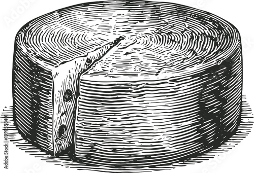 Vintage round cheese wheel with a wedge cut out, detailed black and white sketch illustration
