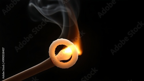 moxa. Close-up of a lit, spirally coiled moxa stick with gentle smoke trail. event programs, museum guides, designed for cultural heritage projects and event programs, used by graphic designers.