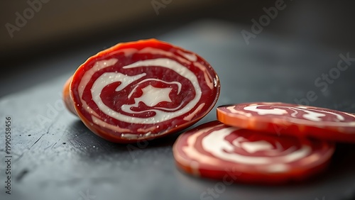 asceticism. A single slice of salami with marbled fat on a dark slate surface. menu design, packaging mockups, designed for food delivery and cloud-kitchen brand materials, inspires cooking.