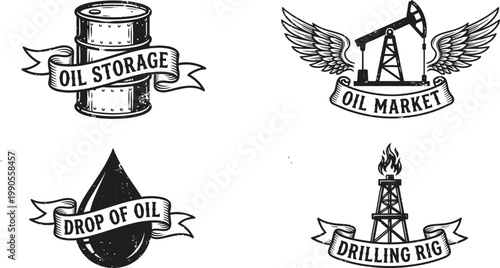 Oil industry, petroleum, black and white vector icons, set of 4, drilling and storage symbols