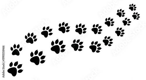 Black paw prints trail vector, animal footprint path illustration, dog or cat paw track silhouettes, minimalist pet step pattern on white background