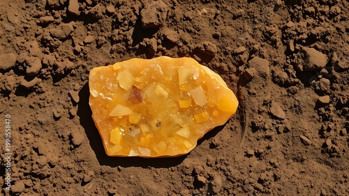 copal. Piece of semi-fossilized copal resin lying on soil at an archaeological site. gardening catalogs, home-decor guides, designed for home decor and floral branding, celebrates nature.