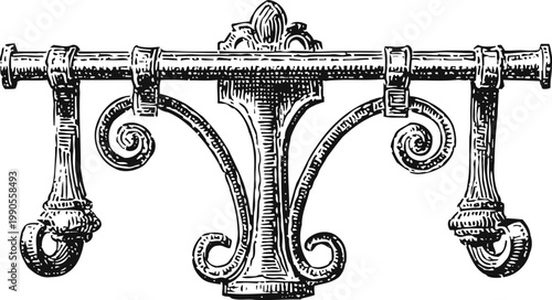 Vintage iron curtain rod bracket with decorative scrollwork and mounting hooks