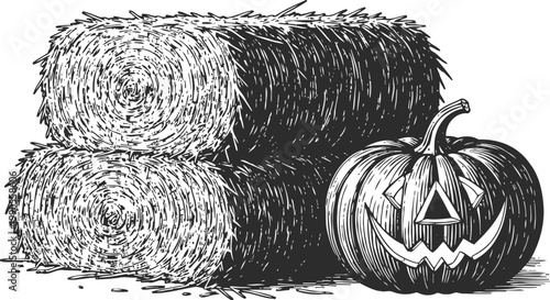 Jack o' lantern pumpkin next to hay bales halloween autumn harvest spooky holiday decoration