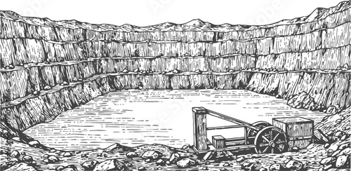 Vintage mining pit with wooden wheel and cart, old quarry excavation site illustration