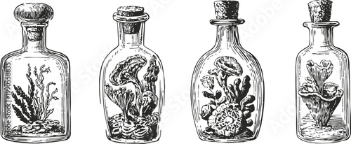 Hand drawn botanical plants in vintage glass bottles with cork stoppers, black ink illustration set