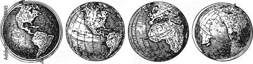 Vintage hand drawn globe illustrations showing different world map perspectives in black and white