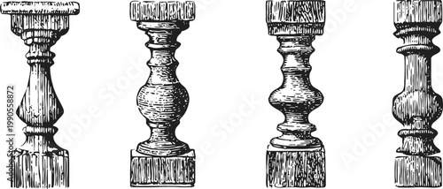 hand drawn vintage wooden balusters set ornate carved pillars for furniture and staircase design