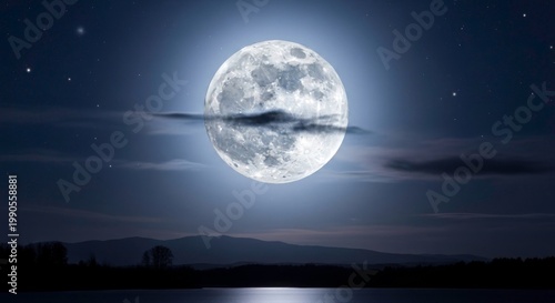 Dramatic full moon over landscape at night with clouds and stars