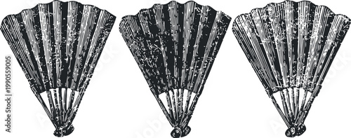 Vintage hand fans set three open folding fans with decorative patterns retro design collection