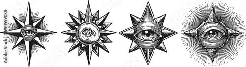 Set of four mystical vintage all seeing eye symbols with radiating star and sun rays