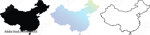 Map of China set including solid black silhouette, blue dotted gradient pattern and simple black line outline vector icons isolated on a white background