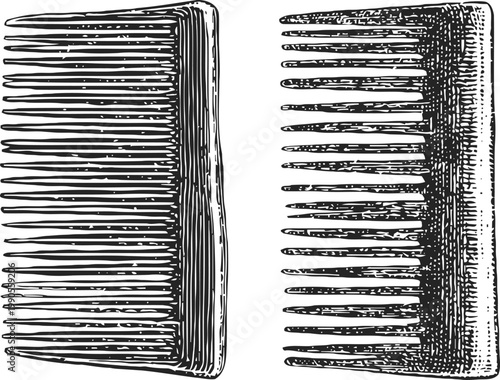 Vintage hand drawn comb illustration set with detailed teeth and textured handles in black and white