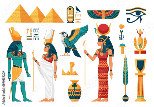 Ancient Egyptian Mythology Vector Set Featuring Gods, Goddesses, Pyramids, Hieroglyphs, and Sacred Symbols like Eye of Horus, Ankh, and Falcon