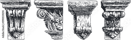 set of four classical architectural capital designs in vintage engraving illustration