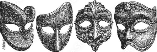 Vintage hand drawn theatrical masks set classic masquerade costume accessories in detailed ink sketch