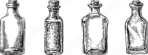 set of vintage glass bottles with stoppers hand drawn antique containers for liquids or medicine