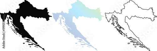Set of Croatia country maps including a solid black silhouette, a blue and green dotted halftone gradient, and a simple line art outline isolated on a white background.