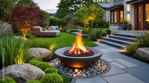 Backyard patio with fire pit creating cozy evening outdoor living